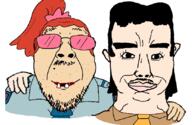 2soyjaks button chud_troon_alliance clothes ear eyelashes friendship glasses hair hand happy makeup mustache necktie ponytail red_hair smile soyjak stubble subvariant:chudjak_front superjail tranny variant:bernd variant:chudjak // 834x541 // 135.2KB