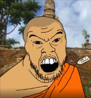 asian brown_eyes buddha buddhism burma clothes grey_hair just_cause monk mustache myanmar open_mouth robe soyjak stubble subvariant:feralgook tag text variant:feraljak video_game white_skin // 801x864 // 820.9KB