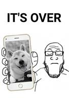 black_and_white dead doge holding_phone its_over phone rip text variant:markiplier_soyjak // 2480x3508 // 2.4MB