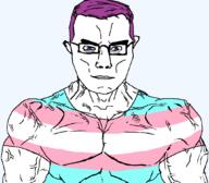arm blue_eyes buff closed_mouth clothes glasses hair soyjak subvariant:chudjak_front subvariant:muscular_chud tranny trans_rights transgender_flag tshirt variant:chudjak vein ywabaw // 1059x929 // 54.1KB