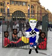 5soyjaks aboriginal angry antipodean_resistance australia australian_aboriginal black_eyes blond blue_eyes brown_skin buff cage closed_mouth clothes country flag flag:australia full_body glasses hair nazism peace_sign shorts sitting soyjak star_(symbol) subvariant:chudjak_front subvariant:unbotheredchud swastika variant:alicia variant:chudjak vein white_skin // 628x678 // 768.8KB