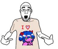 anime arm blue_hair bury_pink_gril closed_mouth clothes ear glasses green_eyes hair_ribbon hand heart i_love open_mouth pointing s4s_(4chan) smile soyjak stubble tranny tshirt variant:shirtjak // 657x558 // 108.3KB