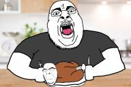 arm closed_eyes closed_mouth clothes food fork glasses hand holding_knife holding_object irl_background knife mustache open_mouth soyjak stubble table tshirt turkiye variant:chugsjak variant:cobson // 1800x1200 // 1.0MB