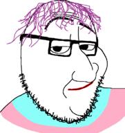 beard closed_mouth eyebrows glasses grin megamind purple_hair raised_eyebrow smile smug soyjak stubble tranny variant:smugjak // 780x826 // 51.2KB