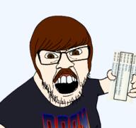 barneyfag doom glasses hair hand holding_object lee_goldson mustache open_mouth soyjak stubble text variant:feraljak // 680x638 // 134.9KB