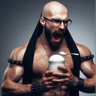 arm bdsm chest_hair cup ear glasses hand holding_object leather meta:ai_generated nipple open_mouth soy soyboy spoon stubble variant:soyak // 1439x1436 // 798.4KB