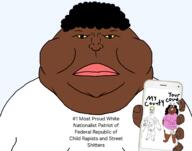 black_lives_matter blue_eyes bone brown_skin buff celtic_cross closed_mouth clothes communism cum diaper fat glasses hair mutt nationalism nazism open_mouth pedophileed pink_lips skull subvariant:meximutt_front2 swastika tattoo tranny tshirt variant:meximutt white_teeth yellow_hair yellow_sclera // 1837x1444 // 703.0KB