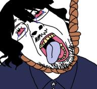 bloodshot_eyes blue_shirt clothes crying funamusea glasses hanging open_mouth rope stubble tranny urushimori variant:bernd white_background // 450x417 // 14.9KB