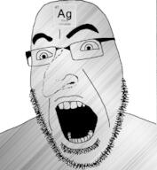 chemistry element excited glasses grey_skin large_nose open_mouth silver soyjak stubble text variant:cobson // 724x785 // 152.9KB