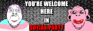 2soyjaks background brown_hair ear ear_piercing earring eyebrows eyes flag:transgender_pride_flag glasses hair happy lips lipstick meta:banner mustache piercing pink_skin pooner purple_hair red_lips red_text smile soyjak_party stubble teeth text tranny valid variant:bernd white_skin // 600x200 // 143.5KB