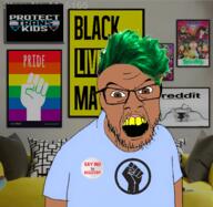 black_lives_matter brown_skin gay_flag glasses lgbt meta:tagme open_mouth raised_fist_(symbol) reddit rick_and_morty soyjak stubble text tranny variant:feraljak // 1536x1494 // 658.7KB