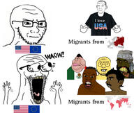 angry beard big_lips black_skin brown_skin closed_mouth eastern_europe european_union flag:european_union flag:mexico flag:united_states glasses global_south hair hand hands_up i_love map meximutt open_mouth subvariant:feralnigger subvariant:tetojak subvariant:wewjak teeth text variant:feraljak variant:markiplier_soyjak variant:meximutt variant:pajeetjak variant:soyak waow yellow_sclera yellow_skin // 1280x1088 // 249.7KB