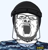 blue_shirt camouflage clothes face_shield glasses helmet looking_up omon open_mouth police riot_helmet russia soyjak stubble transparent_background uniform variant:a24_slowburn_soyjak // 1190x1241 // 117.0KB