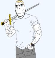 blue_eyes buff clothes glasses grey_pants hair holding_object holding_sword soyjak stubble sword template transparent_background trend:aryan tshirt variant:cobson vein watch weapon yellow_hair // 1834x1910 // 75.3KB