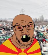 angry bloodshot_eyes brown_eyes brown_skin country flag flag:north_macedonia glasses irl_background landfill missing_teeth mustache north_macedonia open_mouth soyjak stubble trash variant:feraljak yellow_teeth // 584x671 // 348.7KB