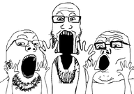 3soyjaks glasses hand hands_up open_mouth stubble trend:soyjak_trio variant:gapejak variant:markiplier_soyjak variant:tony_soprano_soyjak white_skin // 828x581 // 89.8KB