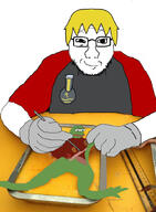 amphibian dissection frog frognigger front_facing green green_skin holding_object looking_at_you nas:pepe nate pepe pepe_the_frog smug soyten stubble subvariant:soyak_front that_one_fucking_picture_of_nate_being_a_smug_little_bastard variant:soyak yellow_hair // 625x853 // 331.0KB