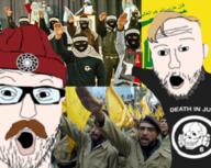2soyjaks arm beanie clothes flag glasses hair hand hat hezbollah islam lebanon mustache open_mouth pointing politics soyjak stubble variant:two_pointing_soyjaks white_skin yellow_hair // 556x444 // 437.0KB