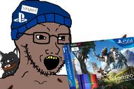 animal beanie black_skin bug cat clothes gaming_console glasses hat open_mouth playstation sony soy soyjak soylent stubble variant:soyak yellow_teeth // 1200x800 // 687.7KB