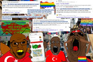 3soyjaks antenna arabic_text arm clothes cockroach country currency demographics ethnic flag flag:lgbt_pride_flag flag:turkiye glasses green_text hand headband headcovering hijab holding_object holding_phone iphone irl_background irl_photo islam islamic kurd kurdish kurdistan lgbt lira money mouth_open open_mouth phone pride_flag secularism shahada soyjak star_and_crescent statistics stubble subvariant:phoneplier subvariant:phoneplier_vertical tongue turkish_lira turkiye turkroach variant:markiplier_soyjak variant:phillip woman yellow_teeth // 1800x1199 // 873.7KB