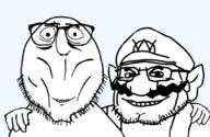 2soyjaks beard chin chris_griffin closed_mouth clothes family_guy friendship glasses hand hat hugging looking_at_you mustache no_more_brother_wars smile soyjak stubble transparent transparent_background variant:chris_griffin_soyjak variant:wahjak wario // 834x541 // 141.1KB