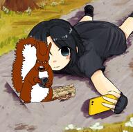 animal anime anime_female closed_mouth coal female full_body glasses hair holding_coal holding_object nut open_mouth peanut phone selfie squirrel subvariant:feralsquirrel variant:feraljak // 2031x2025 // 1.1MB