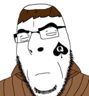 bbc brown_hair closed_eyes closed_mouth clothes glasses hair monk queen_of_spades soyjak stubble tattoo variant:cobson // 683x737 // 73.2KB