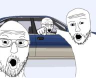 3soyjaks arm car glasses hand mustache open_mouth pointing pointing_at_viewer soyjak stubble variant:soyak variant:two_pointing_soyjaks window // 935x759 // 258.2KB