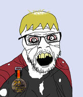 bloodshot_eyes clothes medal old oldfag soyjak soyjak_party text variant:feraljak wrinkles yellow_hair yellow_teeth // 1400x1630 // 627.4KB