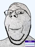 closed_mouth glasses hello_my_name_is_(sticker) iron iron_manufacturer_(user) meta:namefags name_tag smile soyjak stubble subvariant:wholesome_soyjak variant:gapejak // 599x799 // 362.0KB