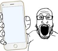 apple_(company) arm glasses hair hand holding_object holding_phone iphone open_mouth phone soyjak stubble subvariant:phoneplier subvariant:phoneplier_vertical teeth template variant:markiplier_soyjak // 2160x1884 // 564.3KB