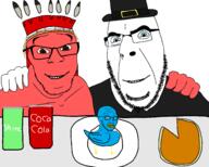 animal balding bird blue_eyes blue_skin brown_eyes capotain closed_mouth clothes coca_cola friendship glasses happy hat headdress looking_at_you native_american no_more_brother_wars open_mouth pie pilgrim plate pumpkin_pie puritan red_skin smile sprite sproke stubble thanksgiving twitter variant:cobson variant:feraljak variant:soyak white_background white_skin worried xitter // 1920x1537 // 2.8MB