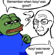 amphibian artist:shemmysloota cigarette closed_mouth drawfag frog green_skin hair hand meta:tagme nas:pepe pepe_the_frog smoke smoking soy_(soyjak_party) soyjak soyjak_party speech_bubble stubble text variant:soyak // 922x936 // 355.7KB
