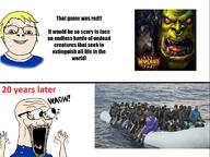 2soyjaks activision_blizzard beard black_skin boat child european_union hand hands_up orc refugees subvariant:cisjak subvariant:waow subvariant:wewjak variant:bernd variant:soyak waow warcraft white_skin yellow_hair yellow_teeth // 1227x920 // 490.1KB