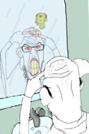 3soyjaks acne angry arm bloodshot_eyes clenched_teeth closed_eyes closed_mouth ear frown glasses hand mirror mustache redraw sink soyjak stubble variant:feraljak variant:impish_soyak_ears yellow_teeth // 1200x1800 // 716.3KB