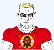 angry aryan beard blond blue_eyes brown_skin buff christianity closed_mouth clothes ear flag flag:jesus glasses soyjak subvariant:chudjak_front subvariant:muscular_chud test transparent_background variant:chudjak vein yellow_hair // 523x477 // 236.7KB