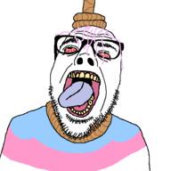 bloodshot_eyes clothes crying flag flag:transgender_pride_flag purple_hair soyjak tongue troon variant:dubbbzjak // 512x512 // 17.9KB