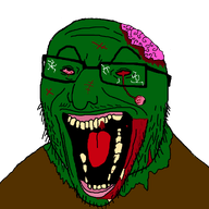 blood blood_on_face bloodshot_eyes brain brown_shirt green_skin nuvariant one_eye red_tongue retarded_mutt_award scars shattered_glasses undead variant:wolfjak yellow_teeth zombie