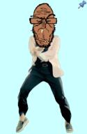 animated beard brown_skin closed_mouth dance gangnam_style glasses mutt red_eyes shitskin smug star_(symbol) subvariant:euromutt sweater variant:markiplier_soyjak // 300x460 // 201.1KB