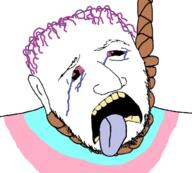 bloodshot_eyes crying ear flag hair hanging open_mouth purple_hair rope soyjak stubble suicide tongue tranny variant:unknown yellow_teeth // 665x598 // 159.9KB