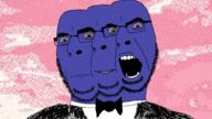 3soyjaks angry blue_skin bowtie closed_mouth clothes glasses meta:tagme neutral open_mouth orange_eyes smile soyjak stubble tuxedo variant:cobson // 1920x1080 // 1.1MB