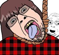 2soyjaks ack anime brown_hair glasses hair hanging open_mouth plaid rope soyjak stubble suicide tamami_chanohata tongue variant:bernd variant:fishboy white_skin yellow_teeth // 768x719 // 293.4KB