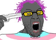 clothes glasses grey_skin gun hair hand holding_object lolkek makeup open_mouth peaky_blinders purple_hair soot_colors soybooru soyjak stubble suicide tranny tv_(4chan) variant:peakyjak // 1400x1019 // 282.0KB