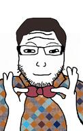 bowtie brown_hair closed_mouth clothes glasses hair hand sheldon_cooper smile soyjak stubble subvariant:lawrence variant:markiplier_soyjak young_sheldon // 500x788 // 216.0KB