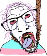bloodshot_eyes crying flag:transgender_pride_flag glasses hanging lipstick mustache open_mouth purple_hair rope soyjak stubble tranny variant:dylanjak yellow_teeth // 552x650 // 156.7KB