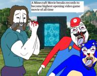 beard blood blue_shirt clothes fight forest glove grass hat hedgehog jack_black long_hair mario mario_and_luigi_(series) minecraft_movie mountain movie mustache overalls pixelated portal sonic_(series) sonic_the_hedgehog text tree variant:bernd variant:chudjak // 2880x2243 // 5.9MB