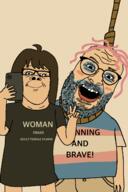 2soyjaks arm beard blush closed_mouth clothes eyelashes eyeshadow female glasses hair hand hanging holding_phone lipstick makeup open_mouth phone pink_hair rope smile soyjak stubble subvariant:female_a24_slowburn tranny tshirt variant:a24_slowburn_soyjak variant:its_out_get_in_here // 1024x1536 // 120.9KB