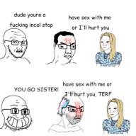 2soyjaks acne balding blush calarts glasses grin hair makeup scared so_true soyjak stubble subvariant:soyak_(concerned) subvariant:trad_wife text tranny variant:chudjak variant:soyak // 768x768 // 248.0KB