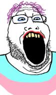 flag glasses hair open_mouth purple_hair soyjak stubble tranny variant:markiplier_soyjak2 yellow_teeth // 645x1096 // 50.1KB