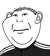 black_shirt closed_mouth ear hair looking_at_you merge narrow_eyes series:fusionjaks small_eyes soyjak subvariant:impish_kuzjak_ears track_suit variant:impish_soyak_ears variant:kuzjak // 810x915 // 19.1KB